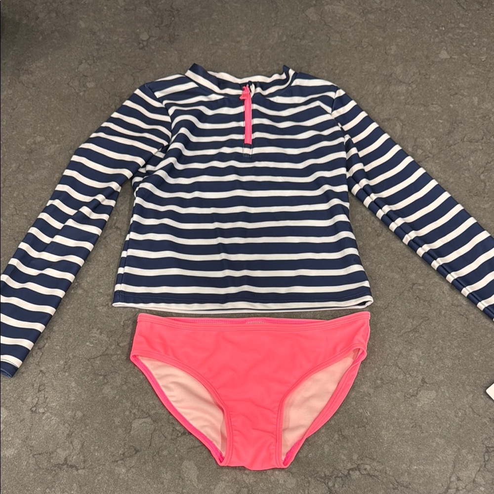 Kids Swim Striped Rash Guard Set - Navy and Pink